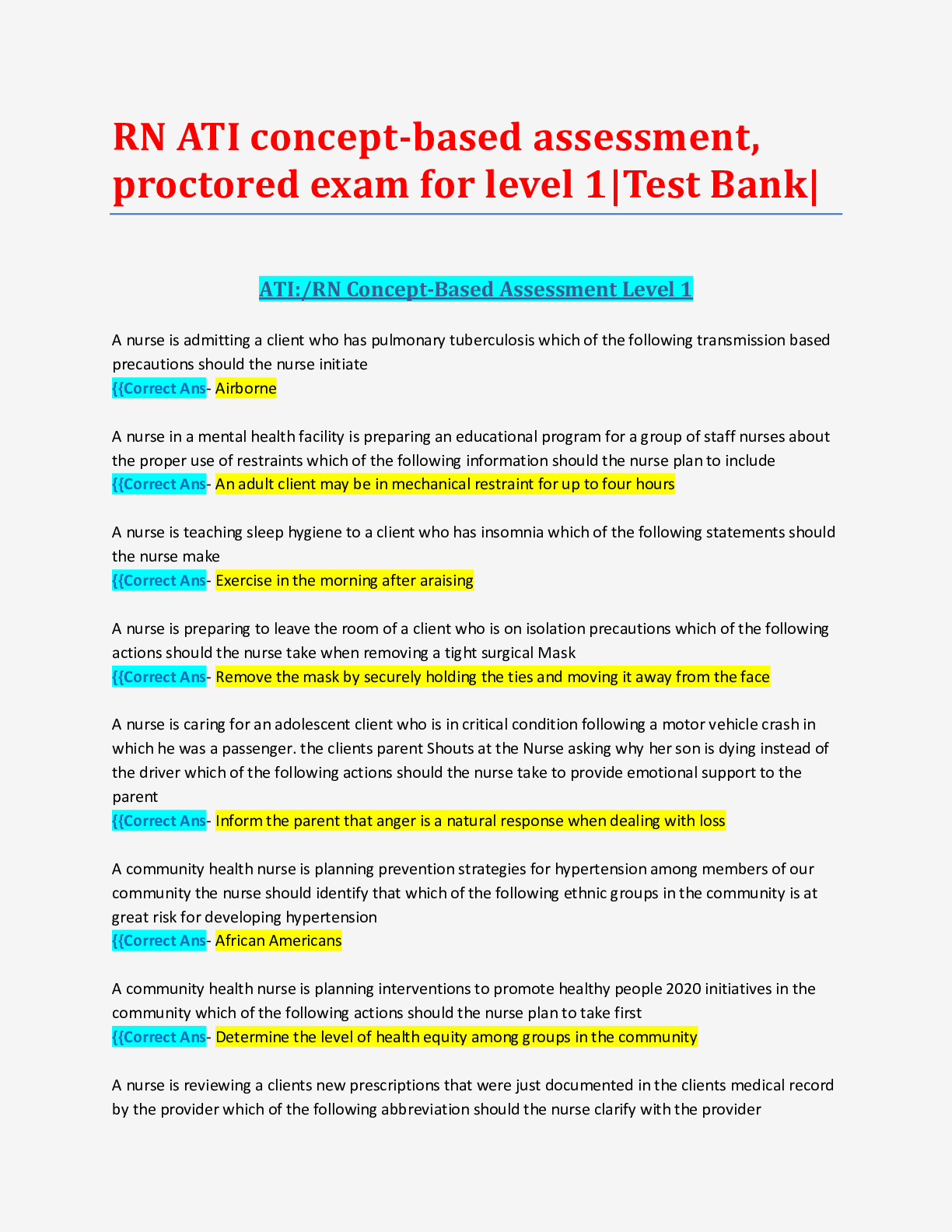 RN ATI Concept Based Assessment, Proctored Exam for Level 1 TEST BANK